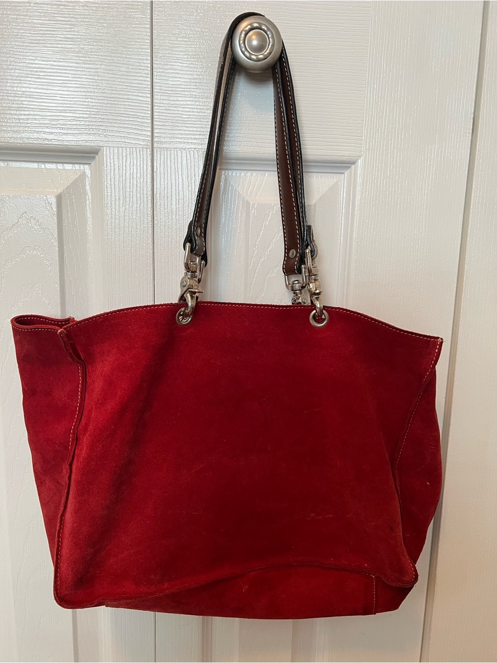 Red Suede Tote Bag with Brown Leather Handles